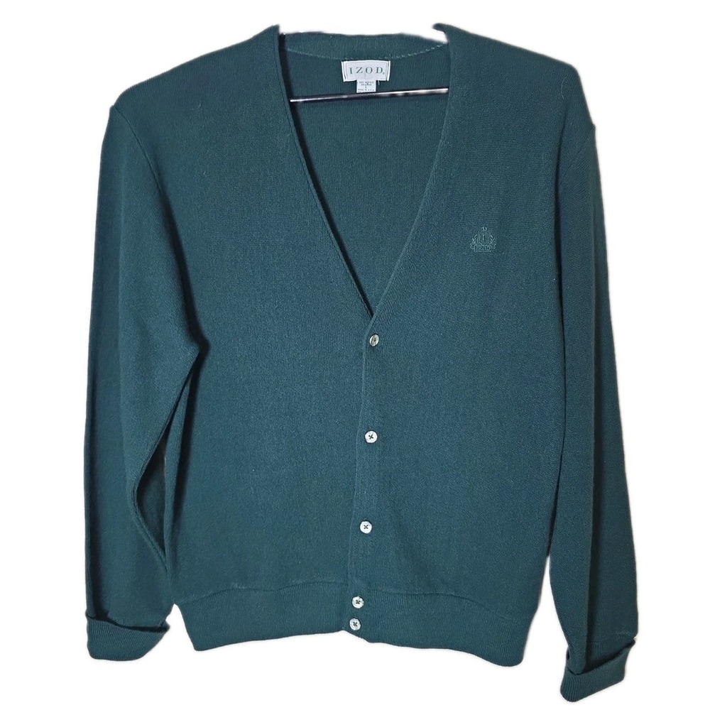 IZOD Men's Cardigan Vintage Sweater Large Green Cottagecore Grandpa Button USA
